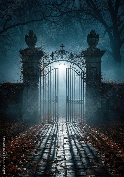 Fototapeta Gothic garden wrought iron gate with dead vines stone gargoyles autumn mist moonlight