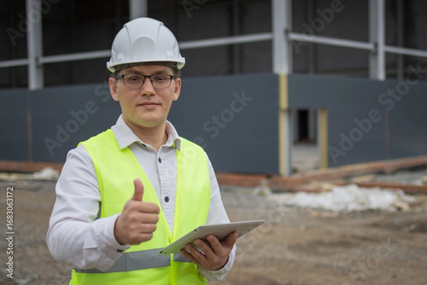 Fototapeta Engineer at a construction site. Shows a class gesture. High quality photo.
