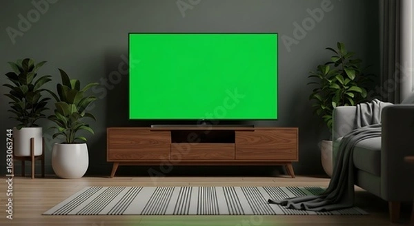 Fototapeta Modern Living Room Scene with Empty Green Screen TV