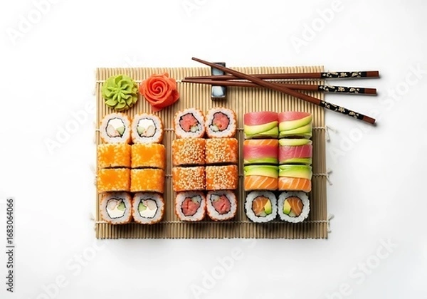 Fototapeta Artistic Sushi Platter Arrangement with Chopsticks on Bamboo Mat