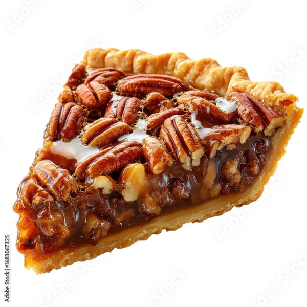 Obraz Delicious slice of pecan pie with a flaky crust and gooey filling perfect for thanksgiving dessert or a sweet treat any time of year on black on transparent background