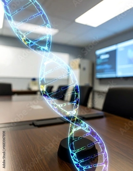 Fototapeta Holographic DNA model on a table in a modern office