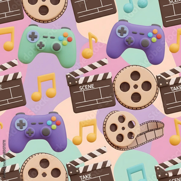 Fototapeta Seamless 3D Pattern of Entertainment Icons