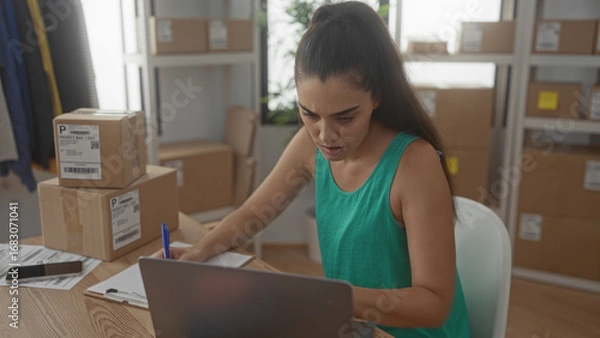 Obraz Woman writing on package label beside stacked cardboard parcels at wooden desk in building; concentration.