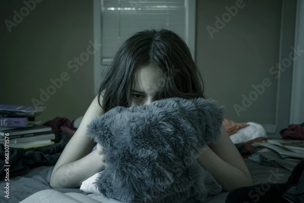 Fototapeta Girl hiding face behind pillow on messy bed, looking sad or stressed in dim light with cluttered background, concept of loneliness and anxiety. Ai generative