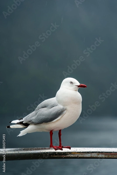 Fototapeta Closeup Seagull bird standing on railing ferry during rain by coastline in tropical rainforest