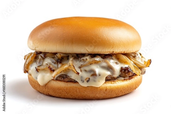 Fototapeta 	Halal mushroom Swiss burger with caramelized onions, creamy sauce, and cheese, plain white background, detailed 