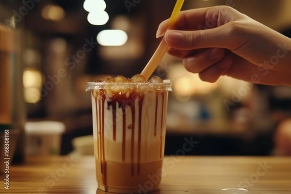Fototapeta A hand reaches for a caramel iced drink, dripping with caramel sauce, on a wooden table.