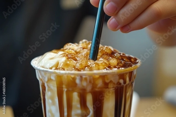 Fototapeta A close-up view of a cold beverage with caramel topping, ice, and a black straw.