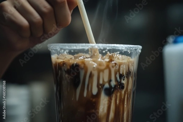 Fototapeta A hand holds a straw to a glass of iced chocolate drink, showing swirling textures and condensation.