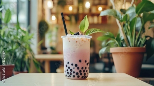 Fototapeta Refreshing bubble tea drink in a plastic cup, garnished with leaves and berries, displayed on a light-colored surface, with blurred plants in the background.