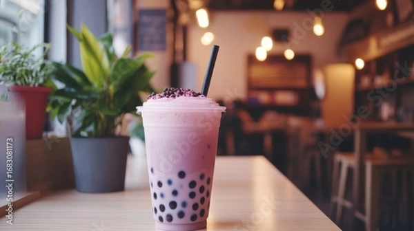 Fototapeta A vibrant pink bubble tea drink stands on a light wooden table, surrounded by greenery and a cafe setting.