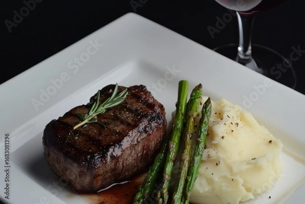 Fototapeta Grilled steak, asparagus, and creamy mashed potatoes served on a white plate, complemented by a glass of red wine.