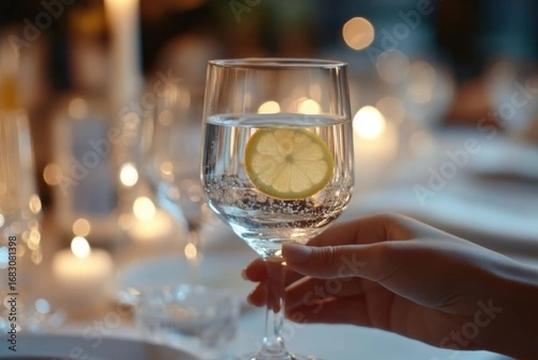 Fototapeta A glass of sparkling water with lemon slice, held by a hand, at a subtly lit dinner table.
