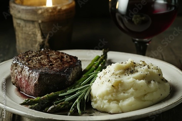 Fototapeta A rich and satisfying meal of grilled steak, creamy mashed potatoes, and fresh asparagus, presented on a plate with a glass of red wine in the background.