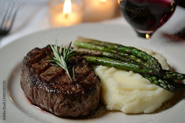 Fototapeta A delectable plate of grilled steak, roasted asparagus, and creamy mashed potatoes, beautifully presented for a romantic dinner.