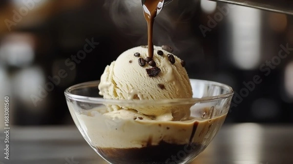Fototapeta Creamy vanilla ice cream scoop with hot espresso poured over, topped with coffee beans.