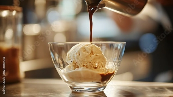 Fototapeta Aromatic espresso poured over a scoop of creamy vanilla ice cream in a glass bowl, highlighting a culinary artistry.