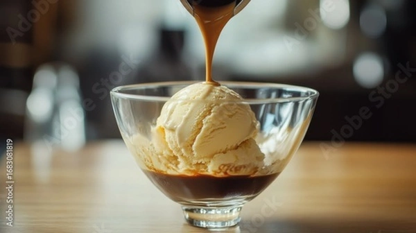Fototapeta A scoop of vanilla ice cream is artfully topped with a rich, dark espresso, creating a delightful visual treat.