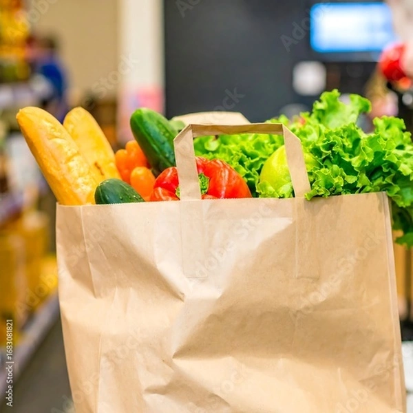 Fototapeta Grocery bag filled with fresh produce and bread in a store