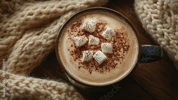 Fototapeta A comforting mug of hot chocolate, topped with fluffy marshmallows and cocoa powder, sits nestled beside a warm knit scarf, creating a cozy autumnal scene.