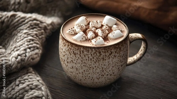 Fototapeta A warm, comforting mug of hot chocolate, topped with fluffy marshmallows and cocoa, sits on a dark wooden surface, next to a cozy knitted blanket, evoking a sense of autumnal coziness.