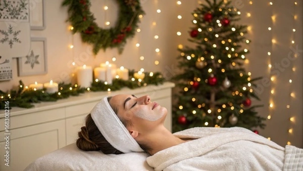 Fototapeta Winter solstice self-care ritual at a festive spa sanctuary, finding peace during the holiday season with a facial