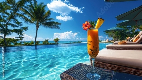 Fototapeta A vibrant tropical cocktail sits by the poolside, bathed in sunlight, featuring a serene beach view and luxurious lounge chairs.