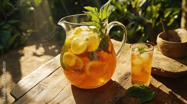 Fototapeta A large glass pitcher and a stemmed glass filled with refreshing iced tea, garnished with fresh mint and citrus fruits, sits on a weathered wooden table outdoors.