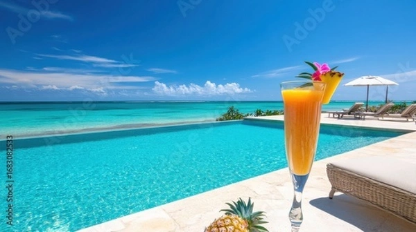 Fototapeta Tropical paradise poolside scene featuring a refreshing drink and stunning ocean views.