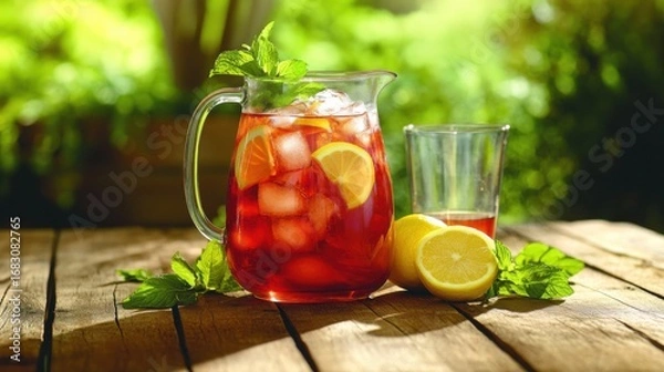 Fototapeta A refreshing glass pitcher of iced tea, garnished with fresh mint and lemon slices, sits on a rustic wooden table outdoors, bathed in sunlight.