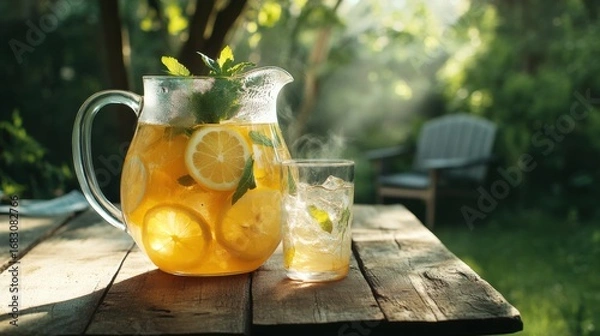 Fototapeta A glass pitcher of refreshing iced tea with lemon slices and mint sits on a rustic wooden table outdoors, bathed in sunlight.