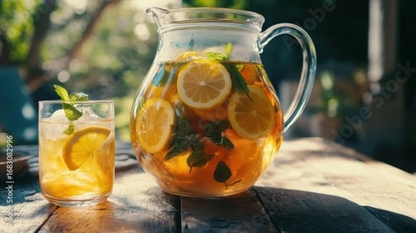 Fototapeta A refreshing iced tea beverage, brimming with fresh lemon slices and mint, is served in a glass pitcher and a glass.