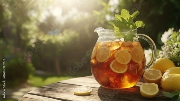 Fototapeta A large glass pitcher of iced tea with lemon slices and fresh mint sits on a rustic wooden table outdoors in the sunlight.
