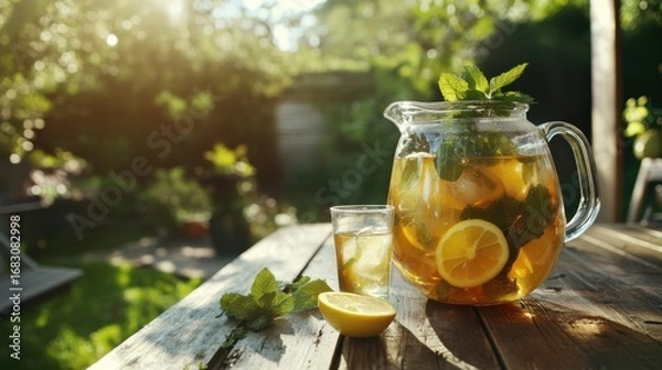 Fototapeta Refreshing iced tea in a glass pitcher, garnished with fresh mint and lemon slices, sits on a weathered wooden table outdoors on a bright sunny day.