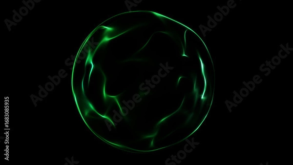 Fototapeta Abstract glowing green plasma sphere with smooth light trails on black background. Ideal for sci-fi, technology, gaming, or futuristic visual compositions.