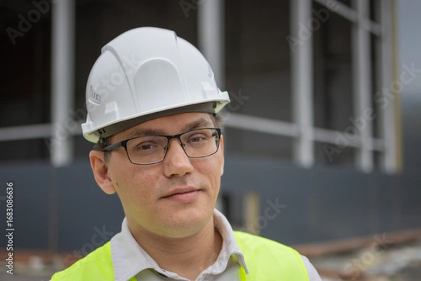 Fototapeta Engineer at a construction site. Portrait of an engineer. High quality photo.