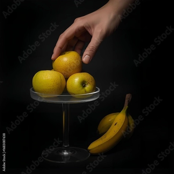 Fototapeta Hand reaching for apples on a glass stand with bananas against a dark black studio background scene