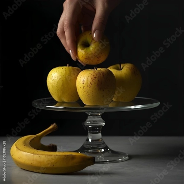 Fototapeta Hand placing a yellow apple on a glass cake stand with three apples and a banana on a gray surface
