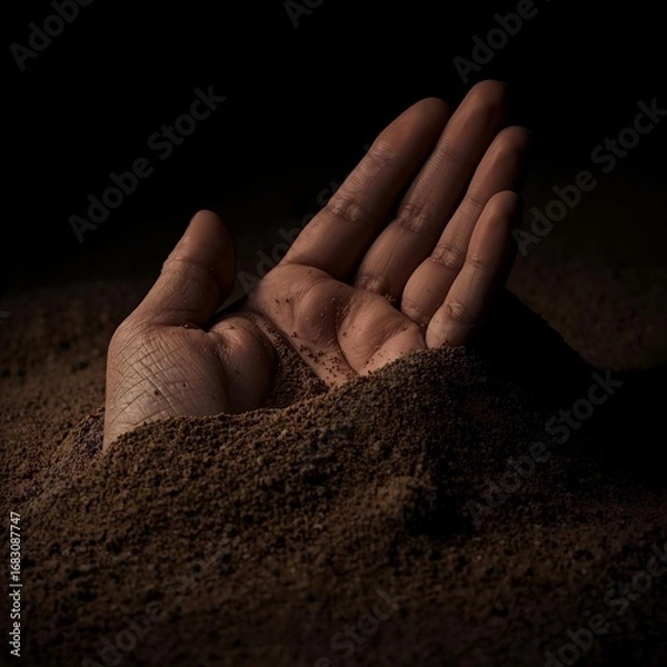 Fototapeta A hand emerging from dark soil with fingers extended against a stark black background in dramatic lighting