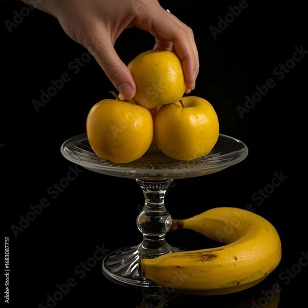 Fototapeta Hand placing a yellow apple on a glass stand with two apples and a banana on a black background