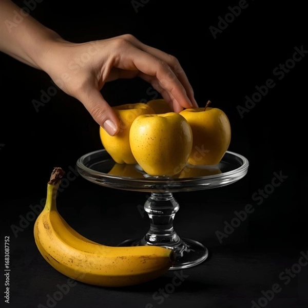Fototapeta A hand reaching for yellow apples on a glass stand with a banana in front on a black background setting