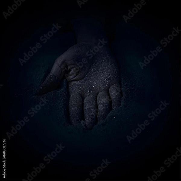 Fototapeta A single hand covered in small white specks emerging from a dark blue or black solid background surface