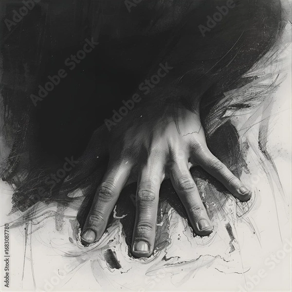 Fototapeta A monochrome painting of a hand emerging from a dark liquid with abstract swirls and brushstrokes around it