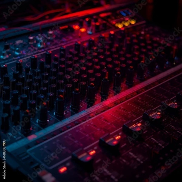 Fototapeta Close up view of a sound mixing console with knobs and sliders illuminated by red and blue lights