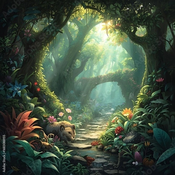 Fototapeta A lion resting near a stream in a lush forest with a stone path and sunlight shining through trees