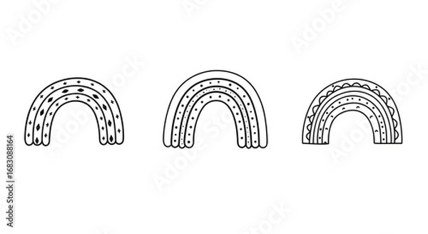 Fototapeta Outline Set of 3 Rainbow Icons in Doodle Style  