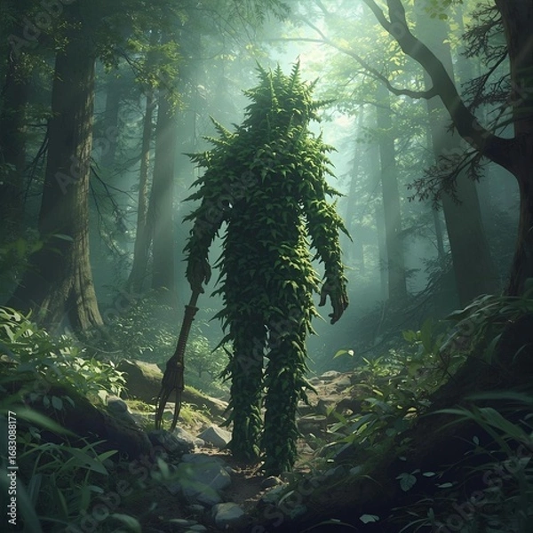 Fototapeta A figure covered in leaves standing in a forest with a weapon in its hand and sunlight shining through