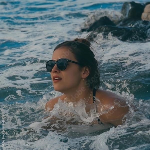 Fototapeta Woman with sunglasses swimming in the ocean with waves crashing around her on a sunny day near rocks