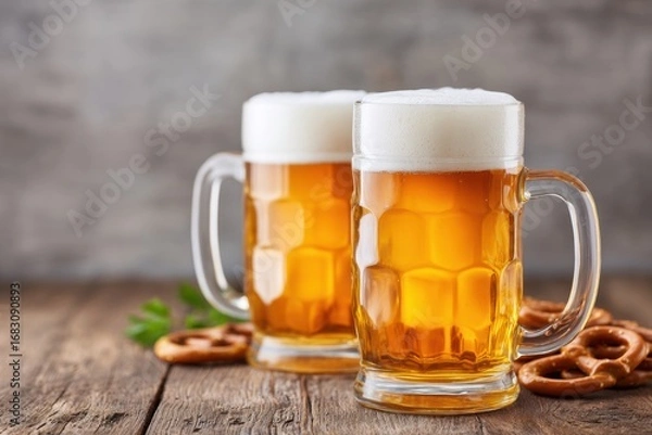 Fototapeta Two frosty mugs of golden beer with creamy foam sit on a rustic wooden table, accompanied by crunchy pretzels, creating a cozy and inviting atmosphere for social gatherings